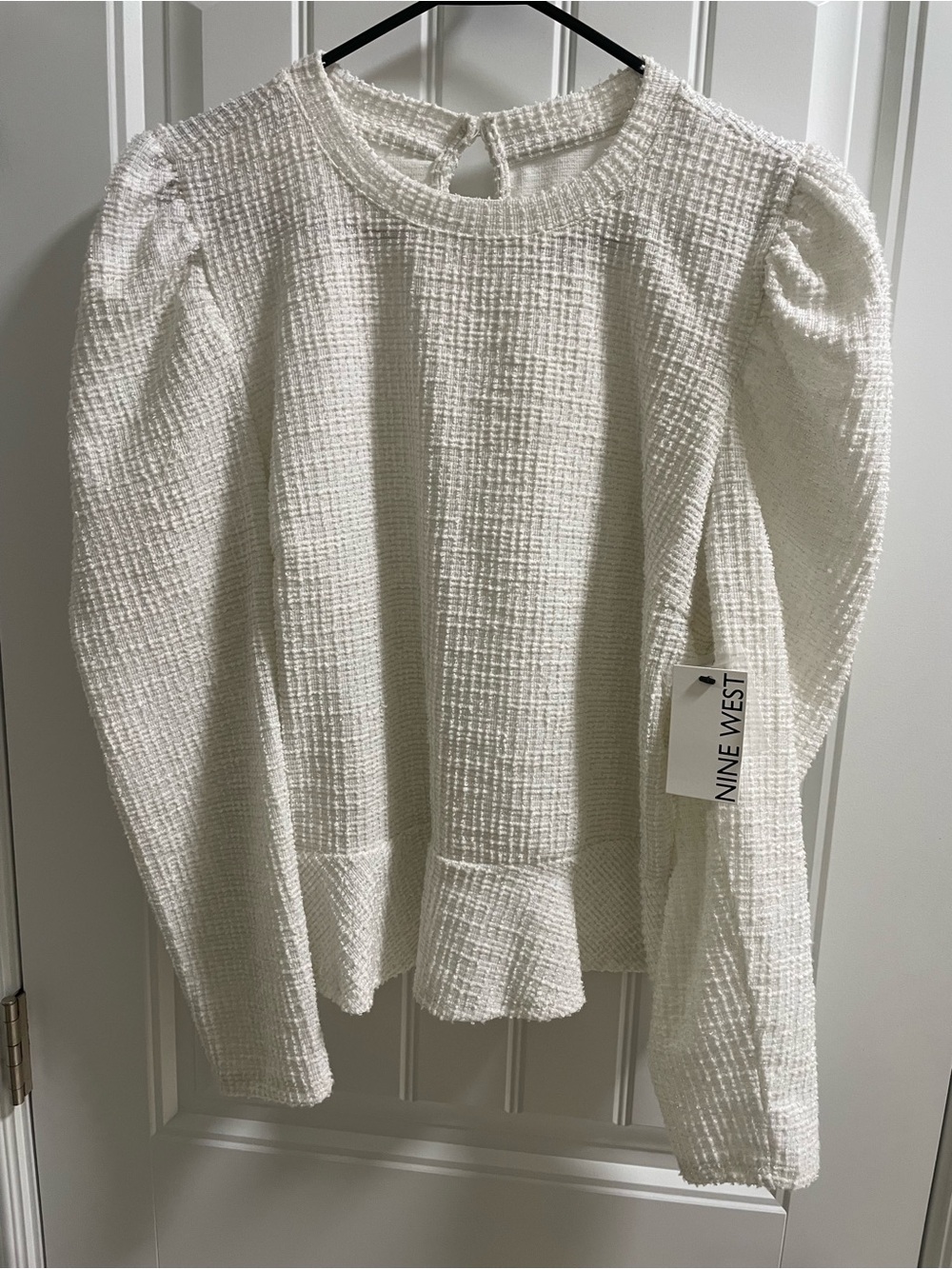 Nine West white Textured Ruffle-Hem peplum Puff Sleeve Top